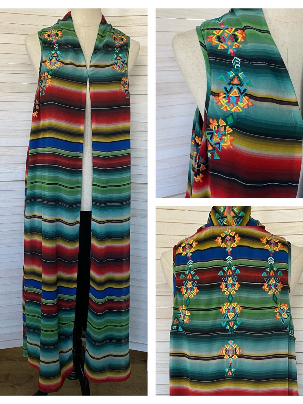 Vintage Collection Sleeveless Multi-Stripe Embroidered Duster SZ XXL Festival